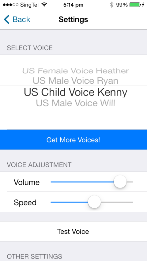 Menu options include voice settings, volume and speed voice adjustment options, and test voice.