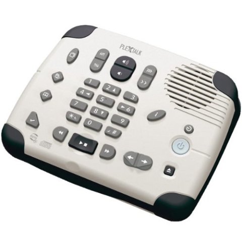 A low-profile rectangular device, white in color, with a number pad, pause play buttons, volume control, and a speaker.