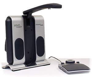 Free-standing device with foldable document camera extended on arm connected to an external trackpad with control knob.