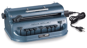 A device similar to typewriter but with limited buttons, an adjuster on top and an electric cord on the side.