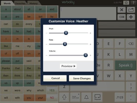 Settings to customize the pitch, rate, and volume of voice.