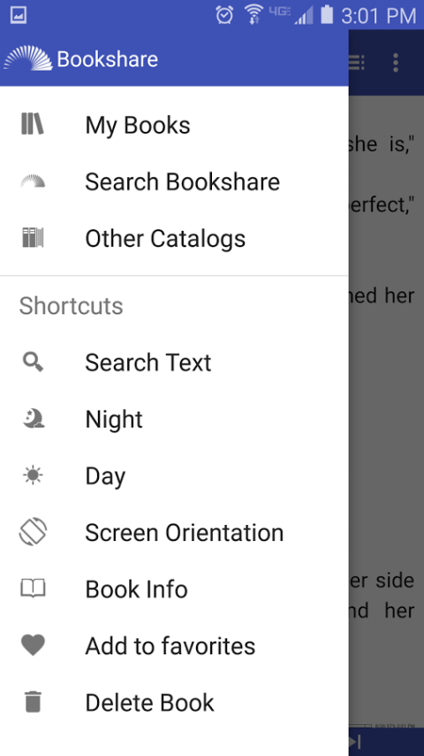GoRead navigation bar, "My books", "search bookstore" , "other catalogs", "search text", "night", "day", "screen orientation", "book info", "add to favorites", "delete book".