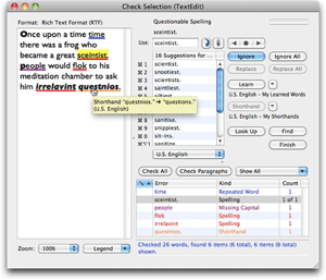 Spell Catcher check selections menu with text on the left and word suggestions on the right.