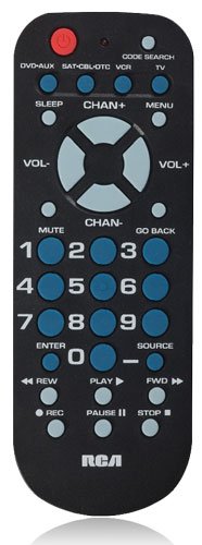 A palm-sized remote with color-coded buttons with large text. The remote has a row of four buttons to control four devices.