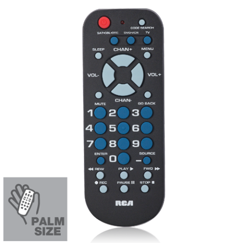 A palm-sized remote with color-coded buttons with large text. The remote has a row of three buttons to control three devices.