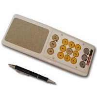 Beige handheld rectangular device the width of a standard mouse and twice the length of a pen with a touchpad and directional keys.
