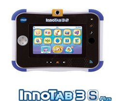 InnoTab 3S Plus in a white case with several apps featured on the screen and a button to the left of the screen.