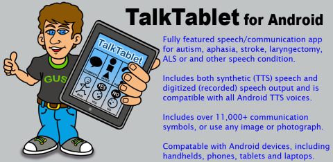 TalkTablet for Android infographic with an illustration of a person holding a tablet with TalkingTablet AAC board featured and an explanation of the product to the right.