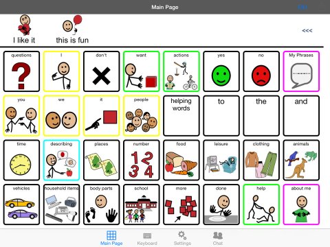 AAC board menu options with word and category choices such as questions, school, my phrases, and other options.