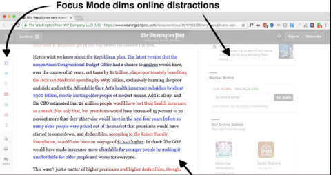 Text that has each line written in a color. On top, two arrows point out how Focus Mode dims online distractions, like ads. 