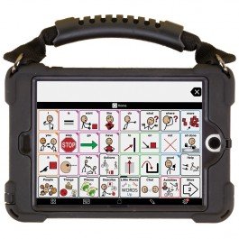 Full-sized iPad with built-in handle, displaying a grid of pictograms on the screen.