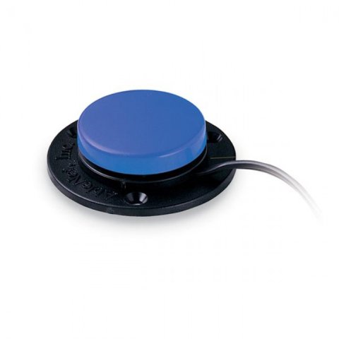 A circular, wired switch over a black base. The switch top is blue.