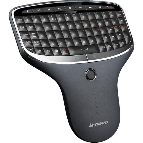 Keyboard on a wireless device with a handle grip that has a button below the keyboard.
