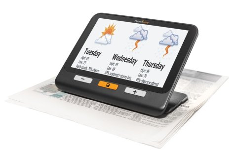 Large rectangular, handheld device with large display and kickstand and operating buttons along bottom edge of screen and magnified image of weather forecast.