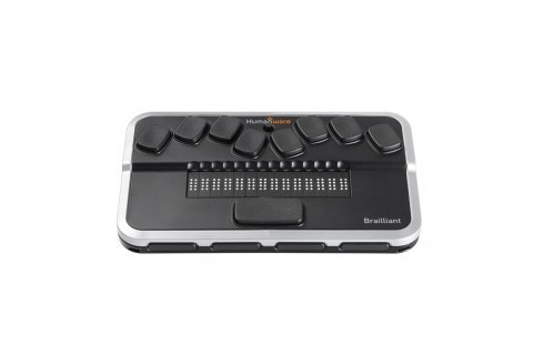 A small-sized black Braille keyboard with thumb keys, braille keys, and command keys.