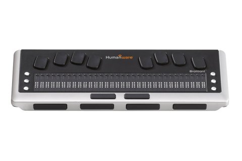 A medium-sized black Braille keyboard with thumb keys, braille keys, and command keys.