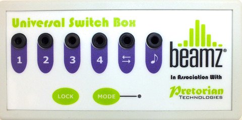 Rectangular box with white surface and six purple buttons.