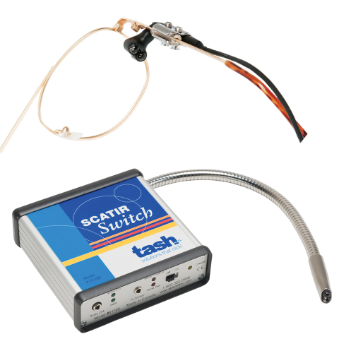Medium-sized, rectangular, blue-and-white box that says "SCATIR Switch," connected to various cords and a gooseneck mounting kit.