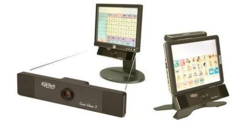 An oblong device with a camera in the center attached to the bottom of a desktop monitor. It is also shown attached to the bottom of a tablet that is mounted on a stand. 