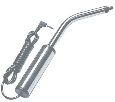 A stainless steel mouth piece with a wire that ends with a plug jack connector is shown.