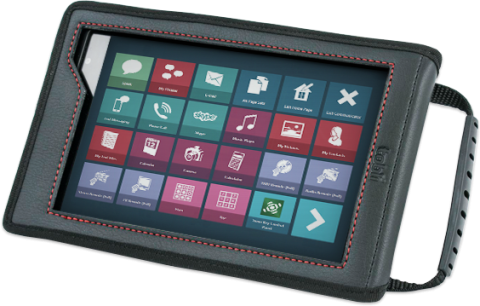 Tablet enclosed in protective case with grid of icons and handle on right side.