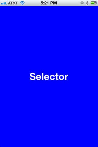 Selector Screen. It is a bright blue background with the word "Selector" written in white, sans-serif font in the centre.