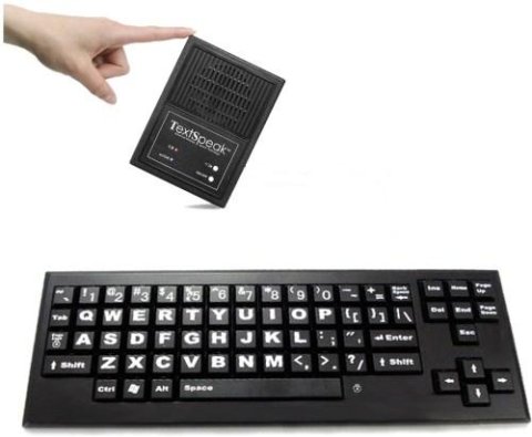 Large black keyboard with white keys and small rectangular speaker.