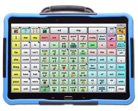 Word selection screen on a blue tablet with a handle displaying a 8x12 communications grid.