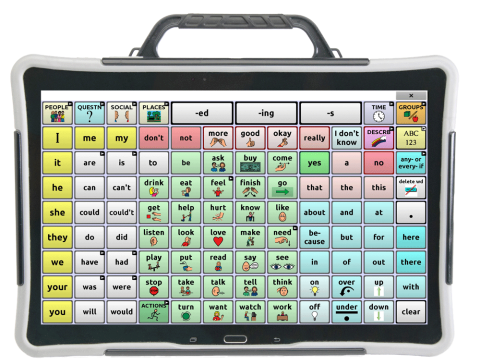 Word selection screen on a gray tablet with a handle displaying an 8x12 communications grid.