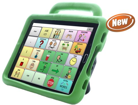 Word selection screen on a green tablet with a handle displaying a 5x5 communications grid.