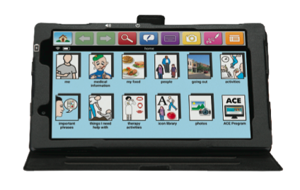 Mini tablet with light blue background, an AAC icon board on screen.