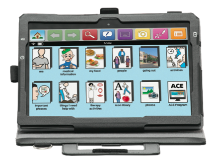 A tablet with a protective case and a virtual AAC board on the screen.