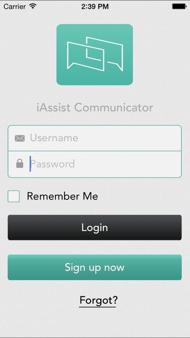 iAssist Communicator login page featuring text fields to enter username and password.