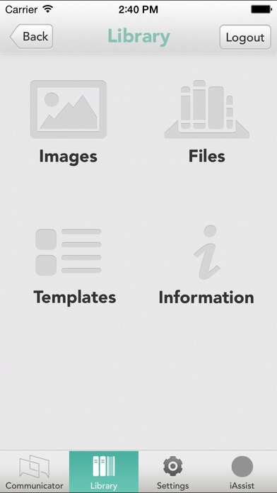 iAssist Communicator Library with tabs for images, files, templates, and information.
