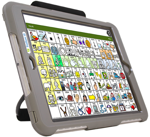 10" tablet in protective case with symbols displayed on screen.