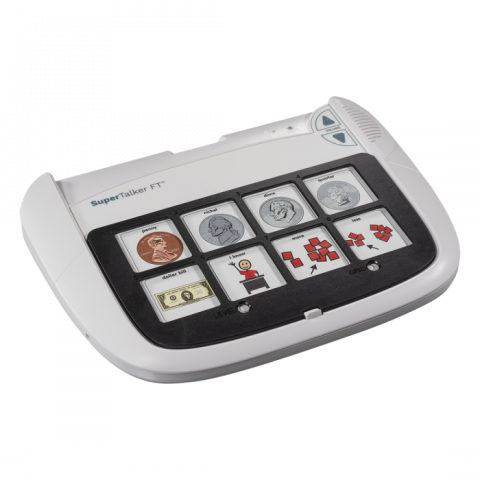 A small, white and rectangular device with eight buttons with images of currencies and pictograms.