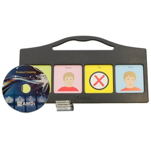 A rectangular device with four message icons and a handle on the top; also seen is a software DVD and three batteries.