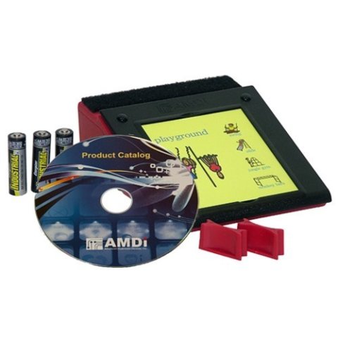 A red rectangular device with a screen framed in black; a product catalog CD and batteries are also featured.