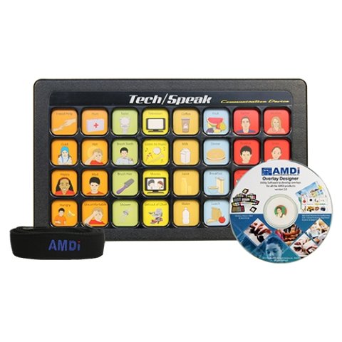 A black rectangular device with 32 message icons with text above such as "breakfast" and "shower." A DVD and strap are also featured.