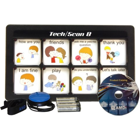 Tech/Scan with batteries, DVD, and external button. Device features 8 panels with illustrations of people and various text above such as "friends" and "thank you."
