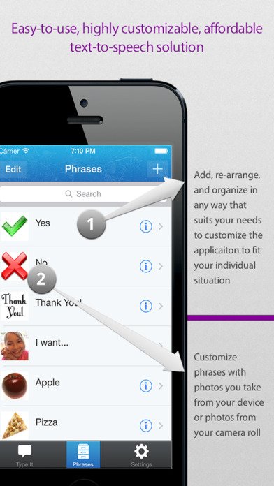 urVoice mobile interface on an iPhone with a menu of phrases.
