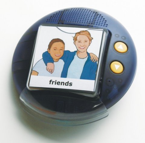 A round blue disk with an illustration in the middle of two people with the label "friends" below and two volume buttons to the right.