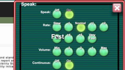 Voice setting menu, volume, speed, and rate settings are shown on a screen with a red exit button on the top right.