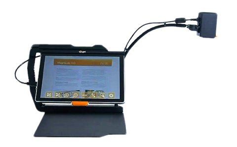 Tablet with a camera mounted above and a platform base beneath for placing printed materials. 