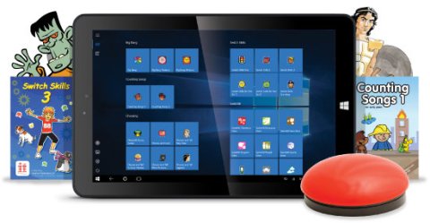 A tablet device with a red button-style switch connected and assistive educational software displayed on screen.