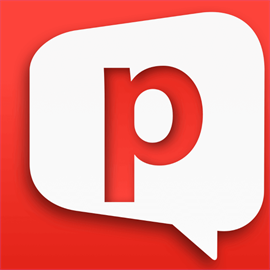 Square red image with a white conversation bubble in the middle with a lowercase letter p, colored in red, inside.