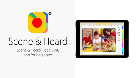 Scene & Heard app logo next to a screen shot of the program's screen showing three images of children and a mother.