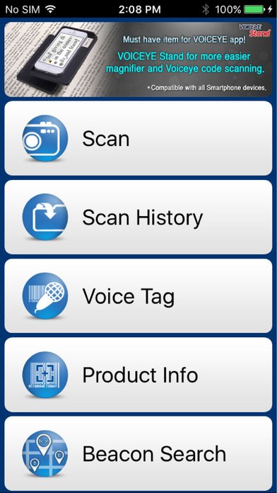 Menu options include scan, scan history, voice tag, product info, and beacon search.