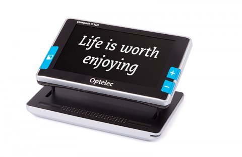 Thin, rectangular device resembling a tablet, with two menu buttons on each side of the screen. The screen is displaying: "Life is worth enjoying" in italic font, which is white against a black background. 