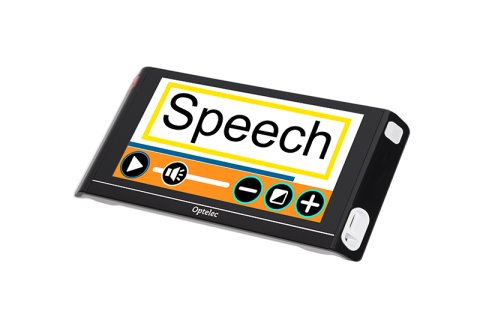 Thin, rectangular device resembling a tablet, with two menu buttons on the right-hand side of the screen. The screen is displaying a yellow and orange background with the word "Speech" in black, sans-serif font.